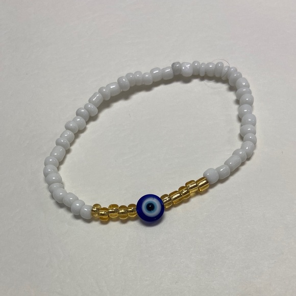 Handmade Jewelry - Handmade White and Gold Beaded Bracelet with Blue Evil Eye Accent